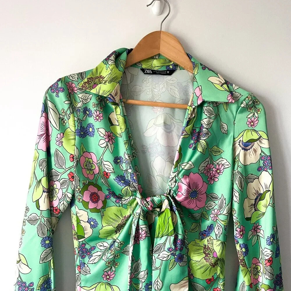 Zara Satin Effect Floral Long Sleeve Mini Dress Green Blogger Fav Size XS - Picture 6 of 10